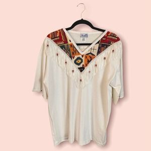 Cream Fringe Short Sleeve Top